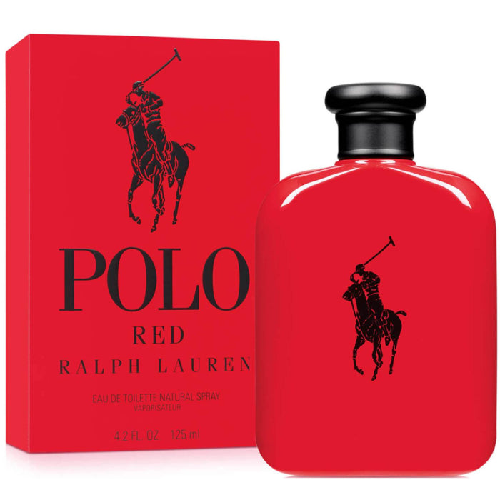 a red bottle of polo cologne next to a red box