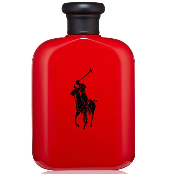 a red bottle with a picture of a polo player on it