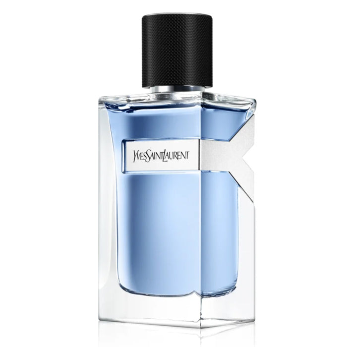 a blue bottle of perfume on a white background